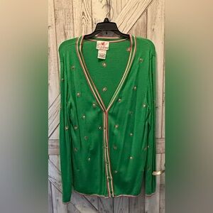 Quacker Factory Green Pink Bees Sweater Cardigan Silk Blend Large Embroidered